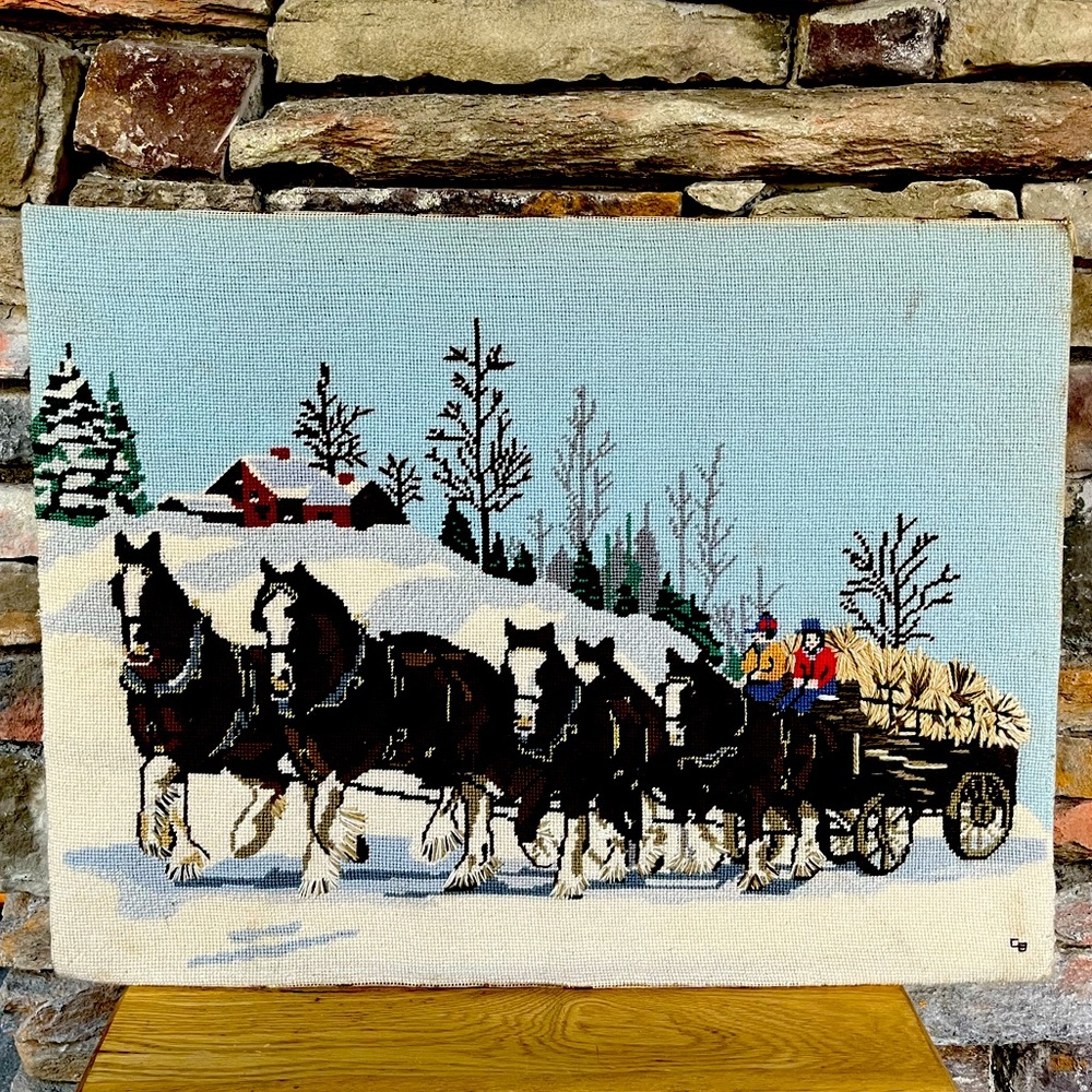 VTG Needlepoint Clydesdale Horses Winter Wagon Snow - Picture 1 of 7